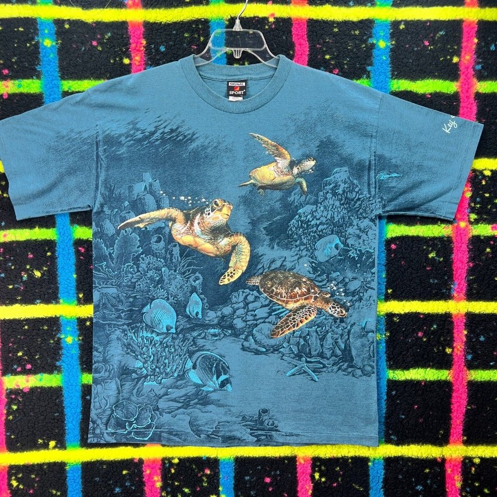 Nature T Shirt XL Vintage All Over Print Sea Turtle New Single Stitch Key‎ Largo